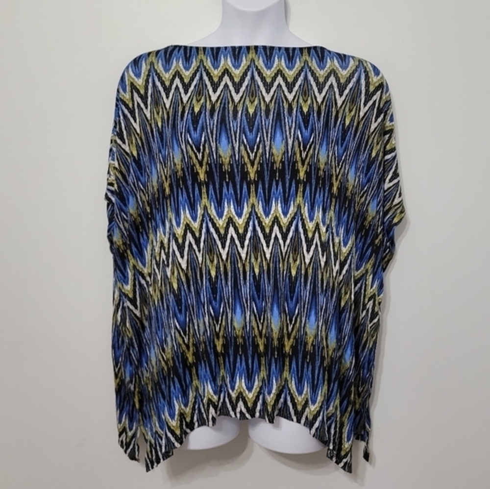 J. Jill Wearever One Size Poncho‎ Top Tunic, Blue Green Artsy Travel Geometric